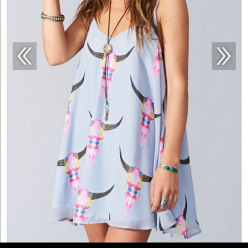 Show Me Your MuMu Light Blue Tank Mini Dress with Multicolor Skull Print